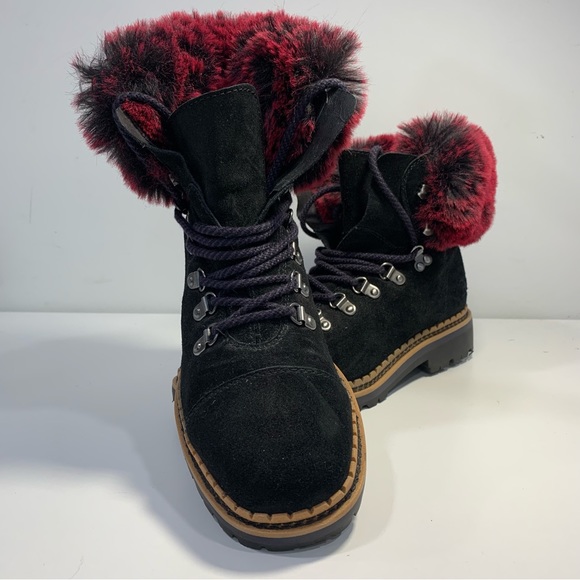 Sam Edelman Women's Bowen Black Leather Raspberry Wine Faux Fur Boots Size 7.5 - Picture 3 of 13